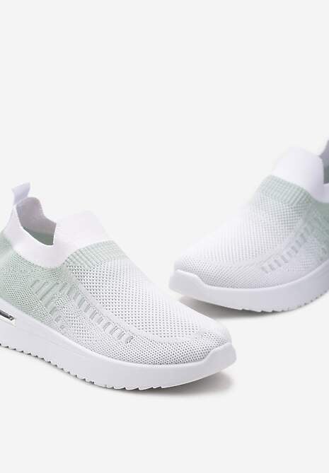 Biało-Zielone Buty Sportowe z Nadrukiem Obmre i Skarpetkową Cholewką Erinevia