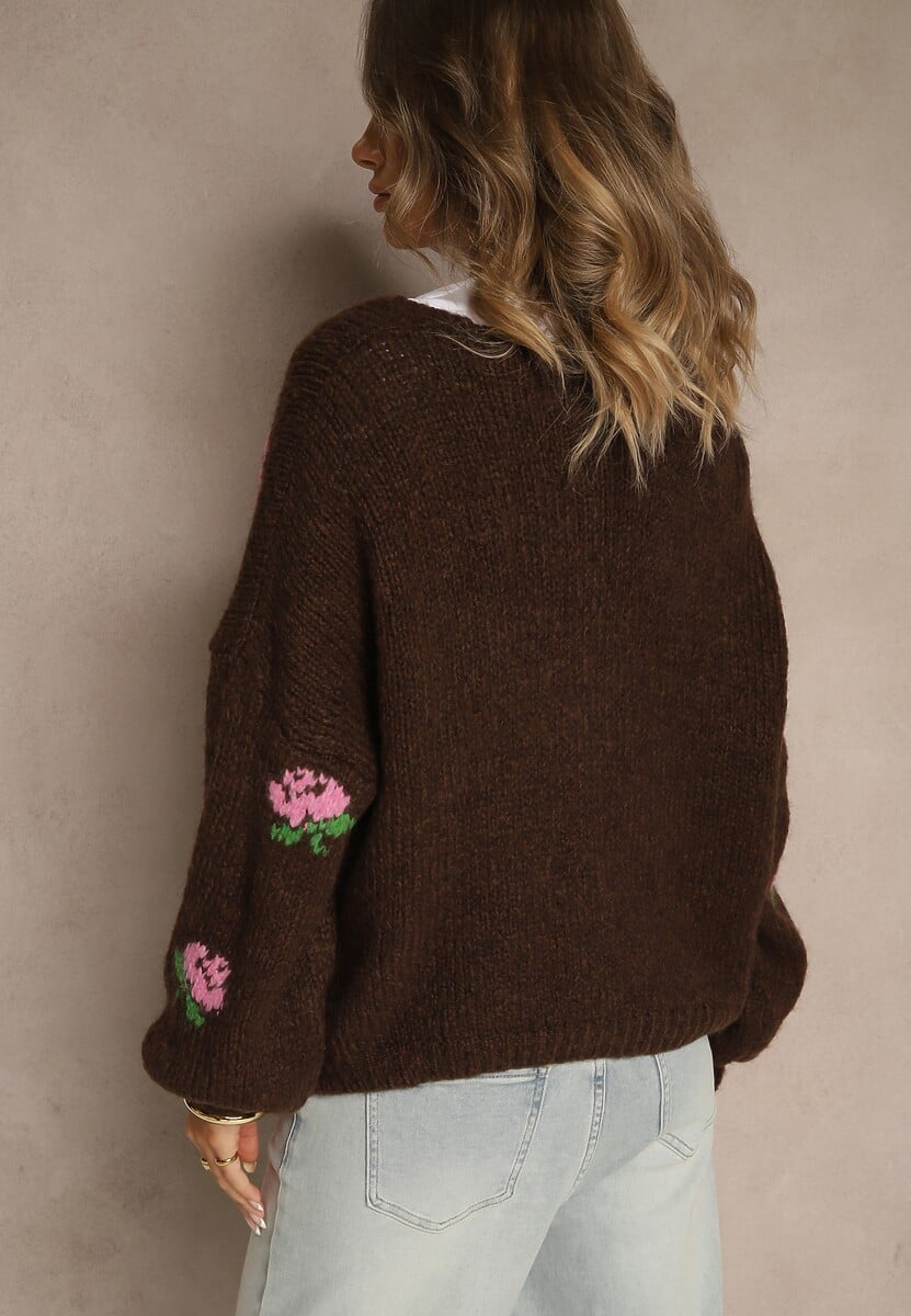 Brązowy Oversizowy Kardigan z Dodatkiem Wełny w Kwiaty Nelenesa