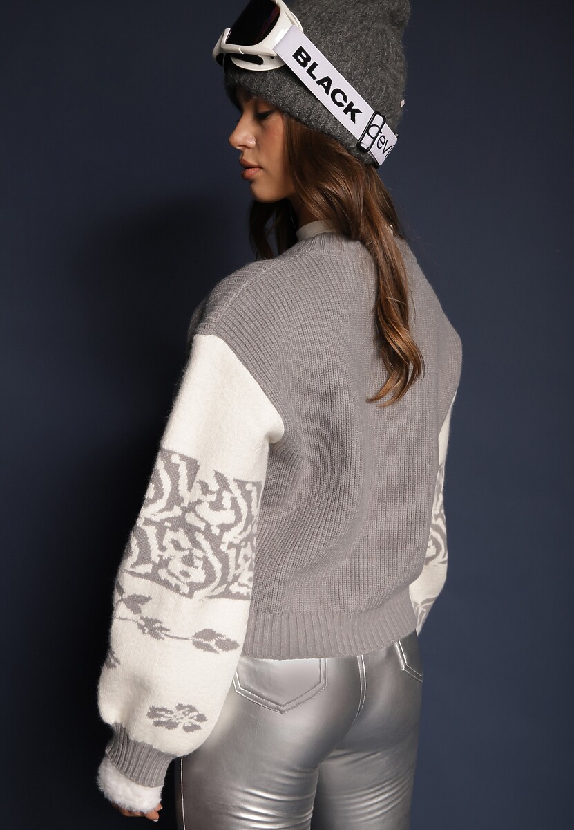 Szary Kardigan z Wiskozy na Guziki Ozdobiony Geometrycznym Wzorem Nelaya