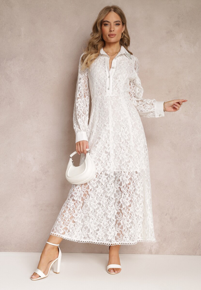 Biała Koszulowa Sukienka Maxi z Ozdobnymi Guzikami i Cyrkoniami z Koronkowej Tkaniny Armina