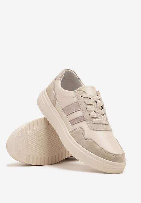 Beżowe Sneakersy ze Skóry Naturalnej Ozdobione Paskami Arabbela