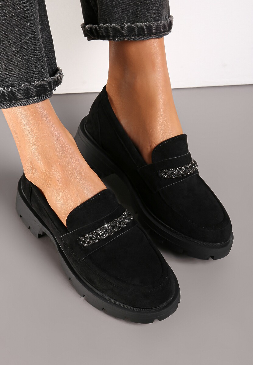 Czarne Mokasyny z Łańcuchem i Wkładką ze Skóry Naturalnej Elta