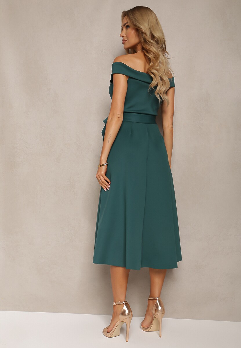 Zielona Sukienka Wieczorowa Hiszpanka z Materiałowym Paskiem Yellia