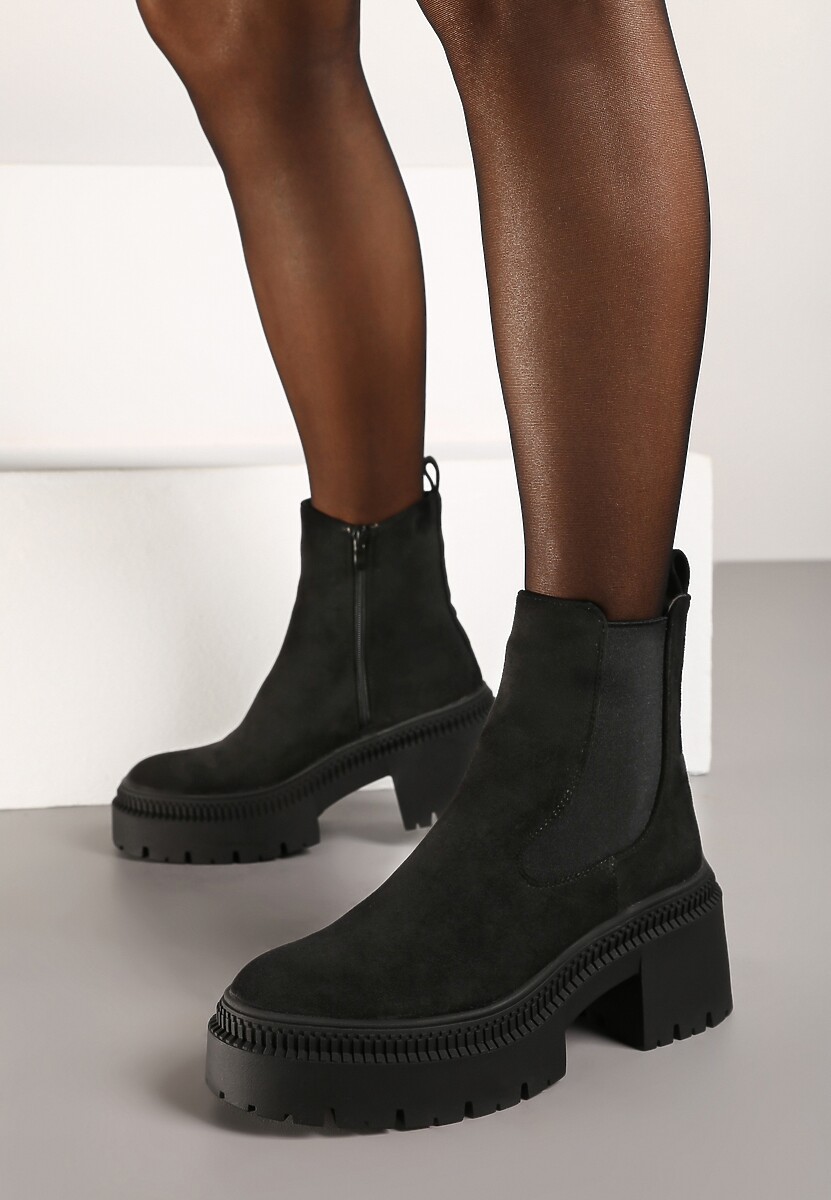 Czarne Botki na Słupku i Platformie Sztyblety Grunge z Elastyczną Cholewką Lericea