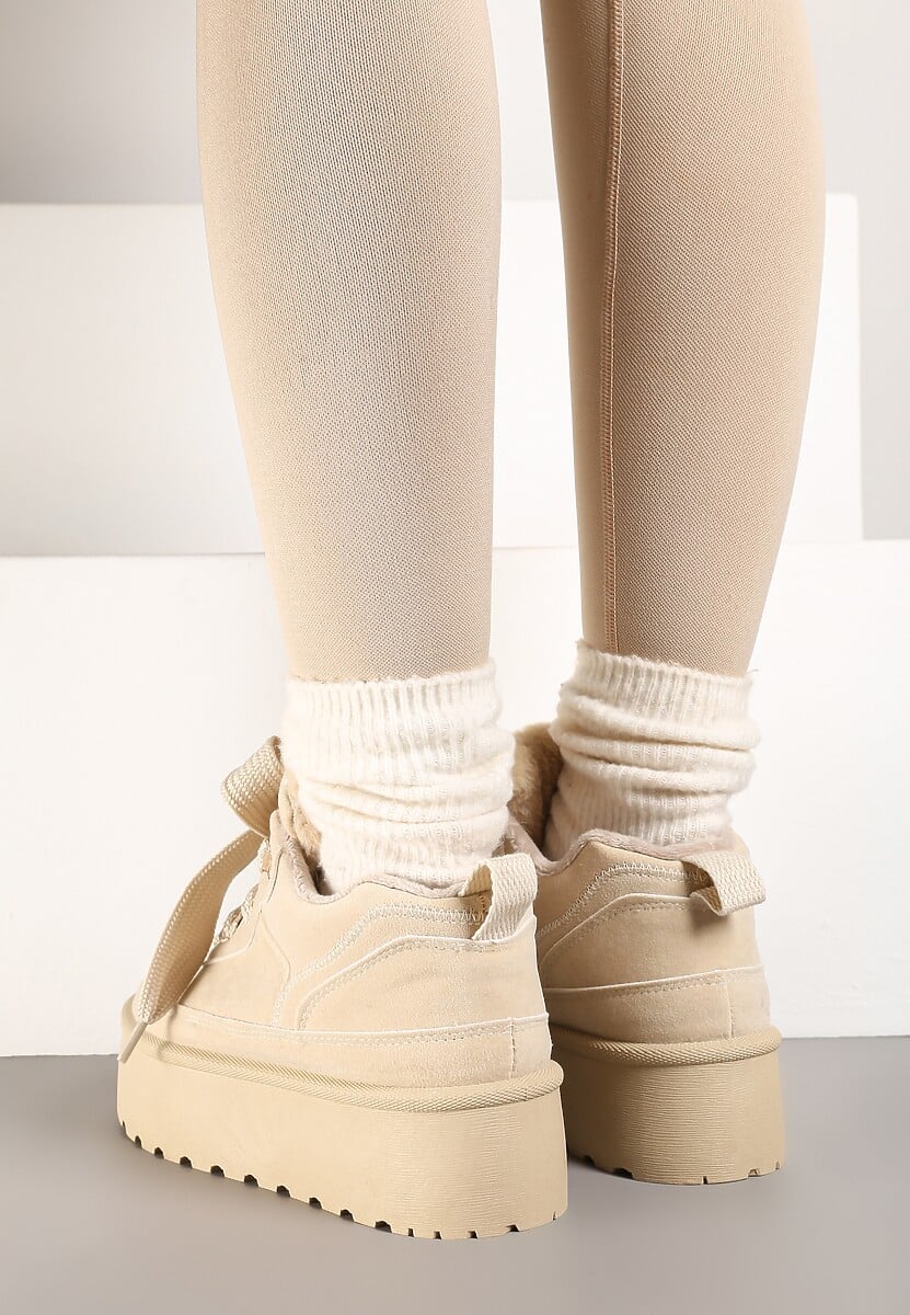 Beżowe Sneakersy Vices Stylizowane na Śniegowce na Platformie Obszyte Futerkiem Naleris