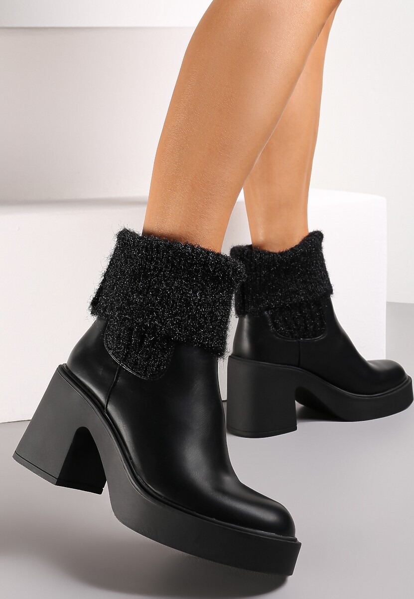Czarne Botki z Wywijaną Pluszową Cholewką Elssane