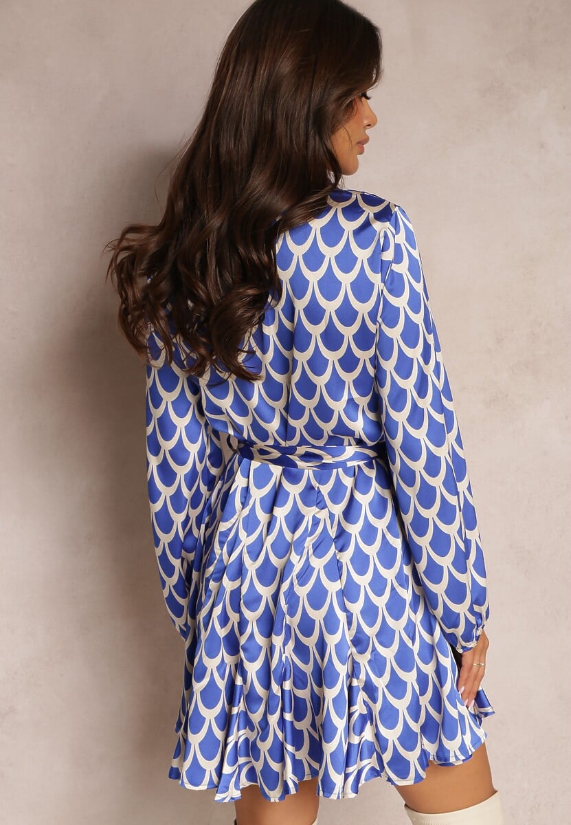 Niebieska Sukienka Koszulowa z Falbanką i Wiązanym Paskiem Calalla