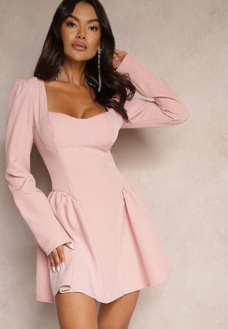 Różowa Rozkloszowana Sukienka Koktajlowa z Gorsetową Górą i Falbankami Arisora