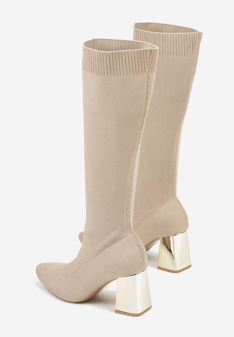 Ciemnobeżowe Eleganckie Kozaki VICES na Metalicznym Obcasie ze Skarpetkową Cholewką Nalaina