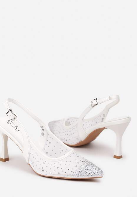 Białe Eleganckie Czółenka z Cyrkoniami i Klepsydrową Szpilką Renamia