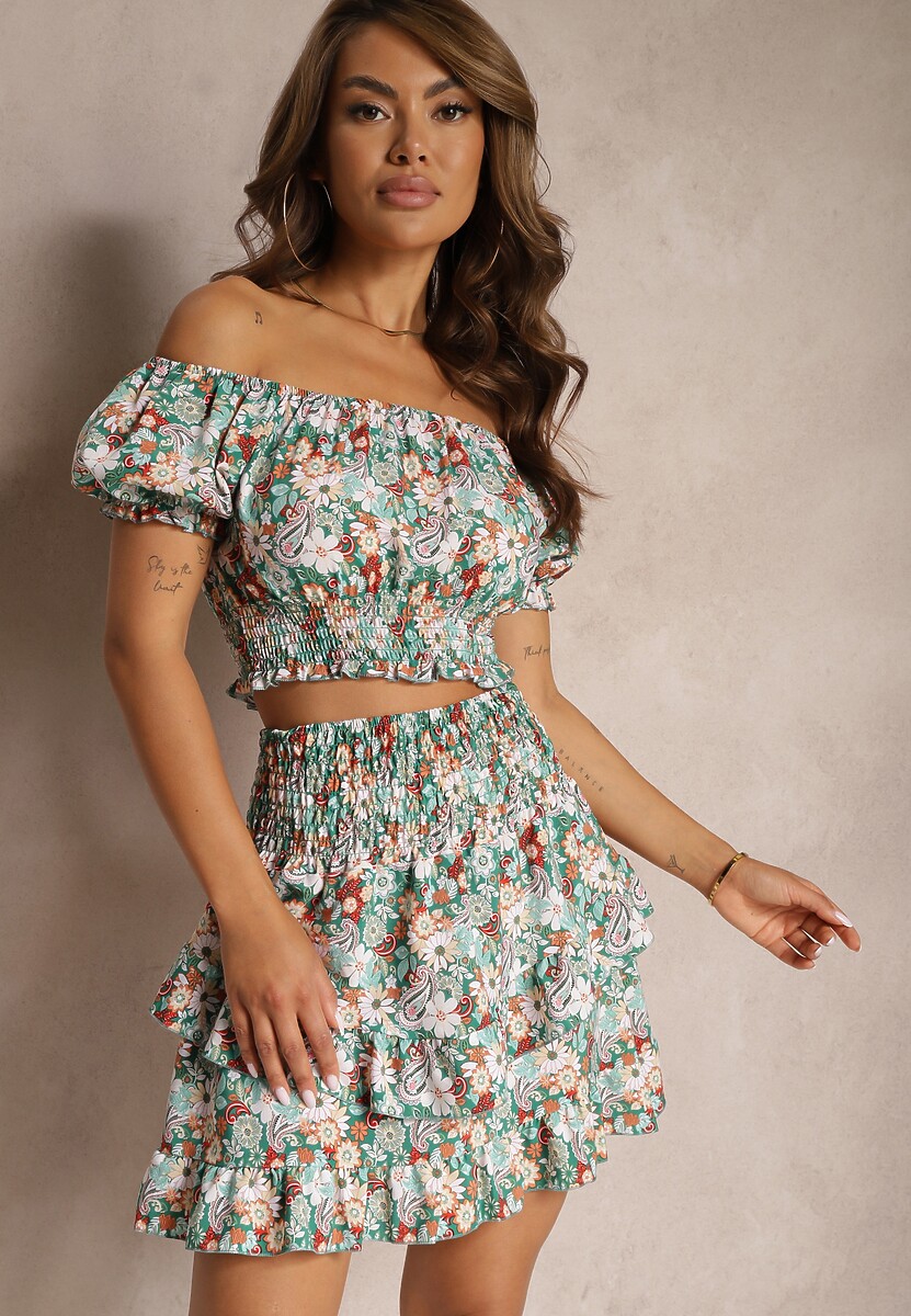 Biało-Fioletowy Komplet Bluzka z Hiszpańskim Dekoltem Rozkloszowana Spódnica z Gumką w Pasie Dimonnda