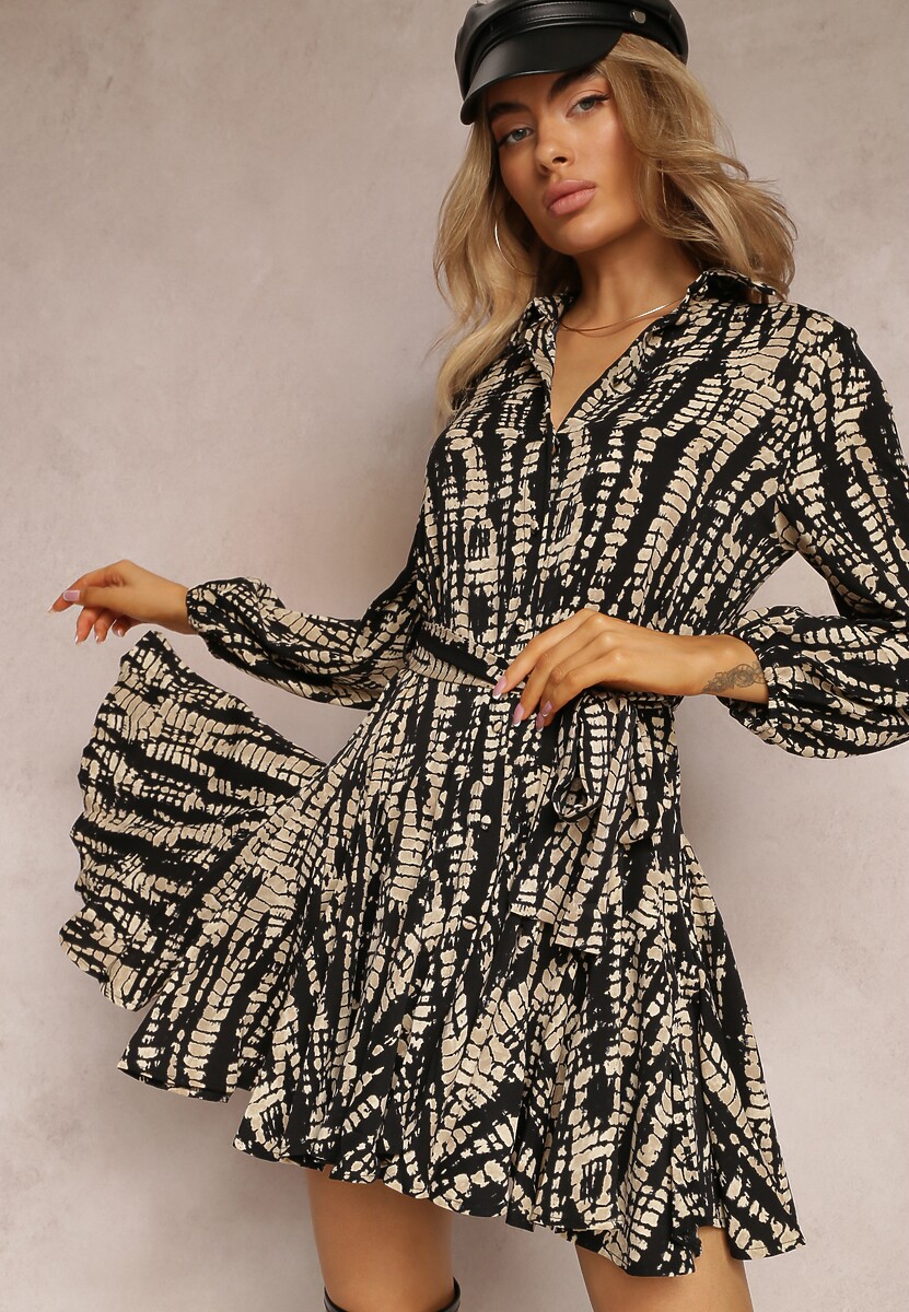 Czarna Koszulowa Sukienka Mini z Falbanką i Wiązanym Paskiem Anagal