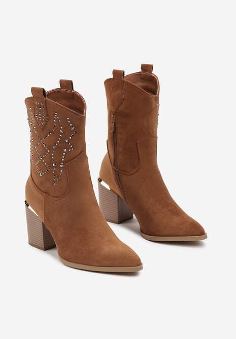 Brązowe Botki na Słupku w Stylu Kowbojek Irilianne