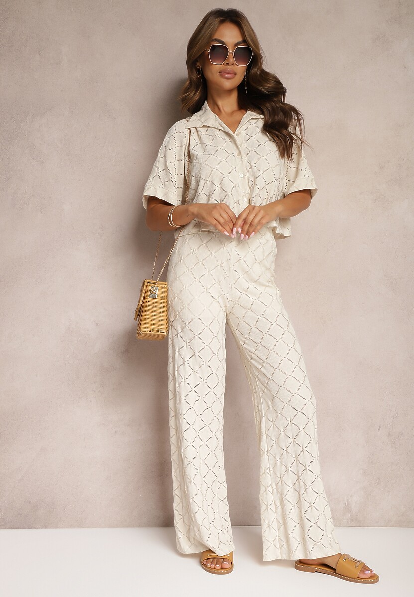 Beżowy Ażurowy Komplet Krótka Koszula Szerokie Spodnie z Gumką w Talii Rivatma