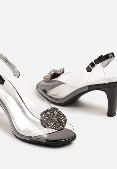 Czarne Sandały Transparentne na Obcasie z Ozdobną Aplikacją z Cyrkoniami Selreis