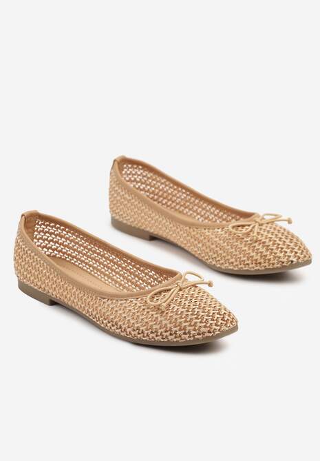 Ciemnobeżowe Plecione Balerinki z Ozdobną Kokardką Koriappe