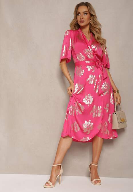 Różowa Kopertowa Sukienka w Metaliczny Florystyczny Wzór z Materiałowym Paskiem w Talii Glerina