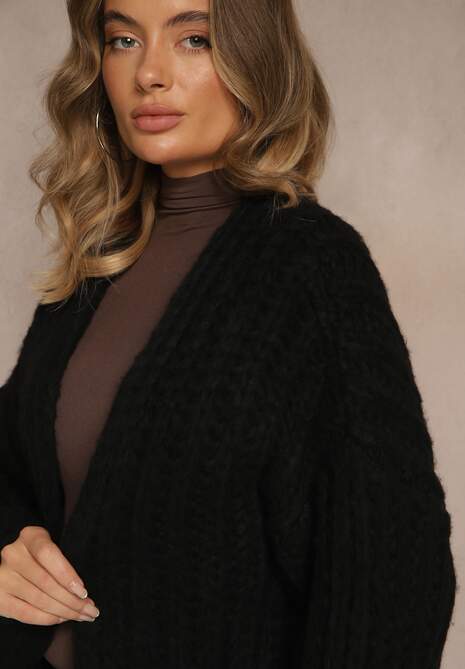 Czarny Oversizowy Kardigan Bez Zapięć z Dodatkiem Wełny i Wiskozy Titanesa