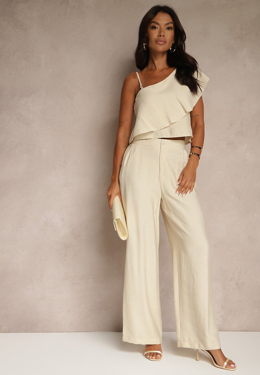 Beżowy Komplet z Wiskozą Top z Falbanką na Jedno Ramię i Spodnie Wide Leg Nirellea