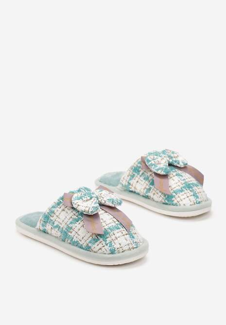 Zielone Wsuwane Kapcie w Kratkę z Metalicznej Nici z Kokardką z Przodu Kapati