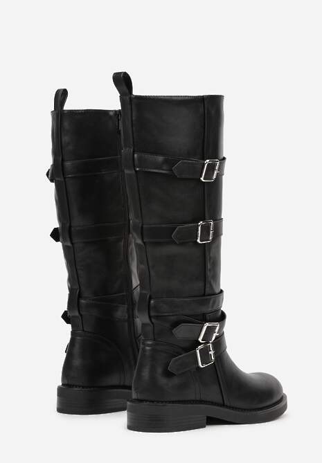 Czarne Kozaki Typu Bikery z Kwadratowymi Klamrami i Paskami Linadra