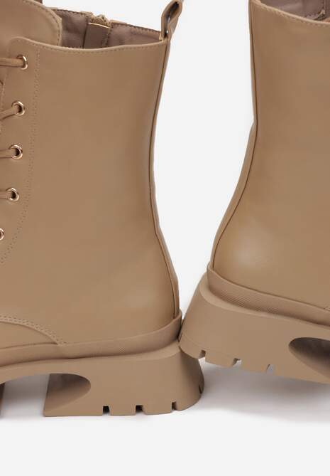 Ciemnobeżowe Botki Workery na Grubej Podeszwie Palua