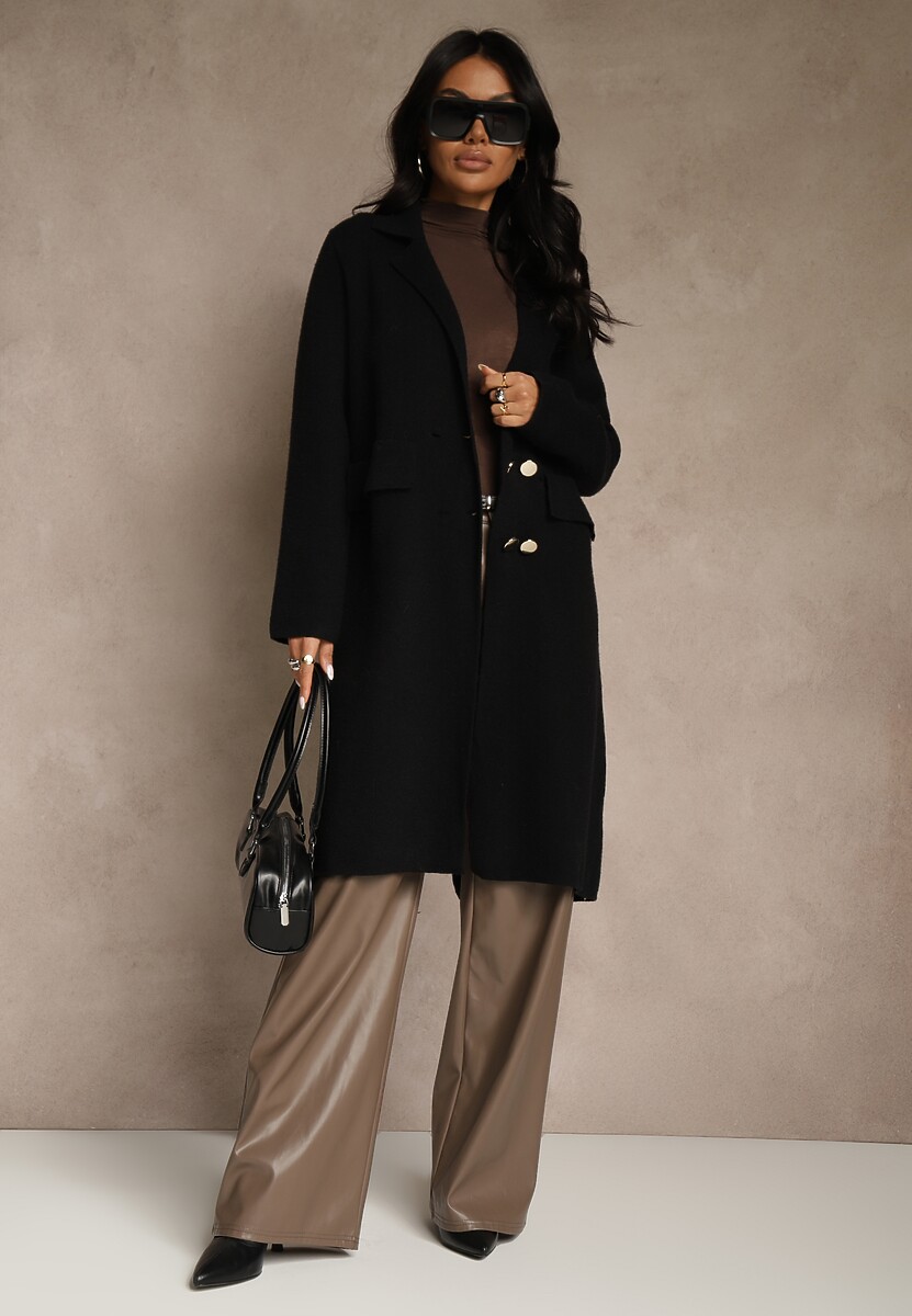 Czarny Płaszcz Dwurzędowy o Długim Kroju w Eleganckim Stylu Saratusa