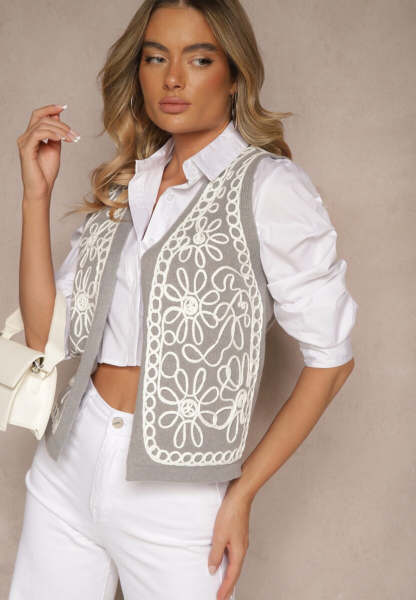 Szara Kamizelka Sweterkowa z Wiskozą i Wzorem Kwiatów Sanorina