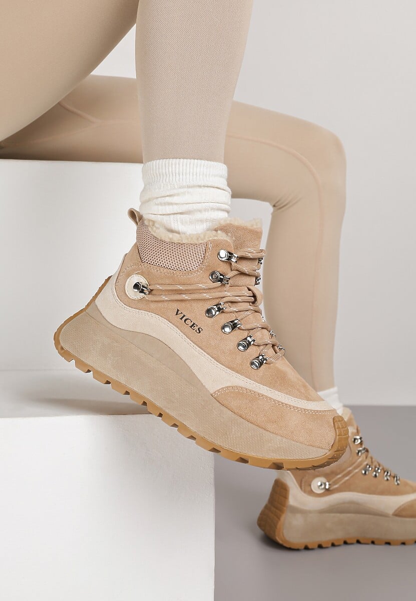 Ciemnobeżoiwe Sneakersy Śniegowce Vices na Platformie w Sportowym Stylu Nelsella