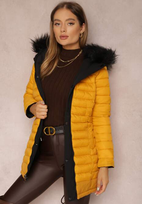 Czarno-Żółta Kurtka Dwustronna Pikowana z Kapturem z Futerkiem Armenia