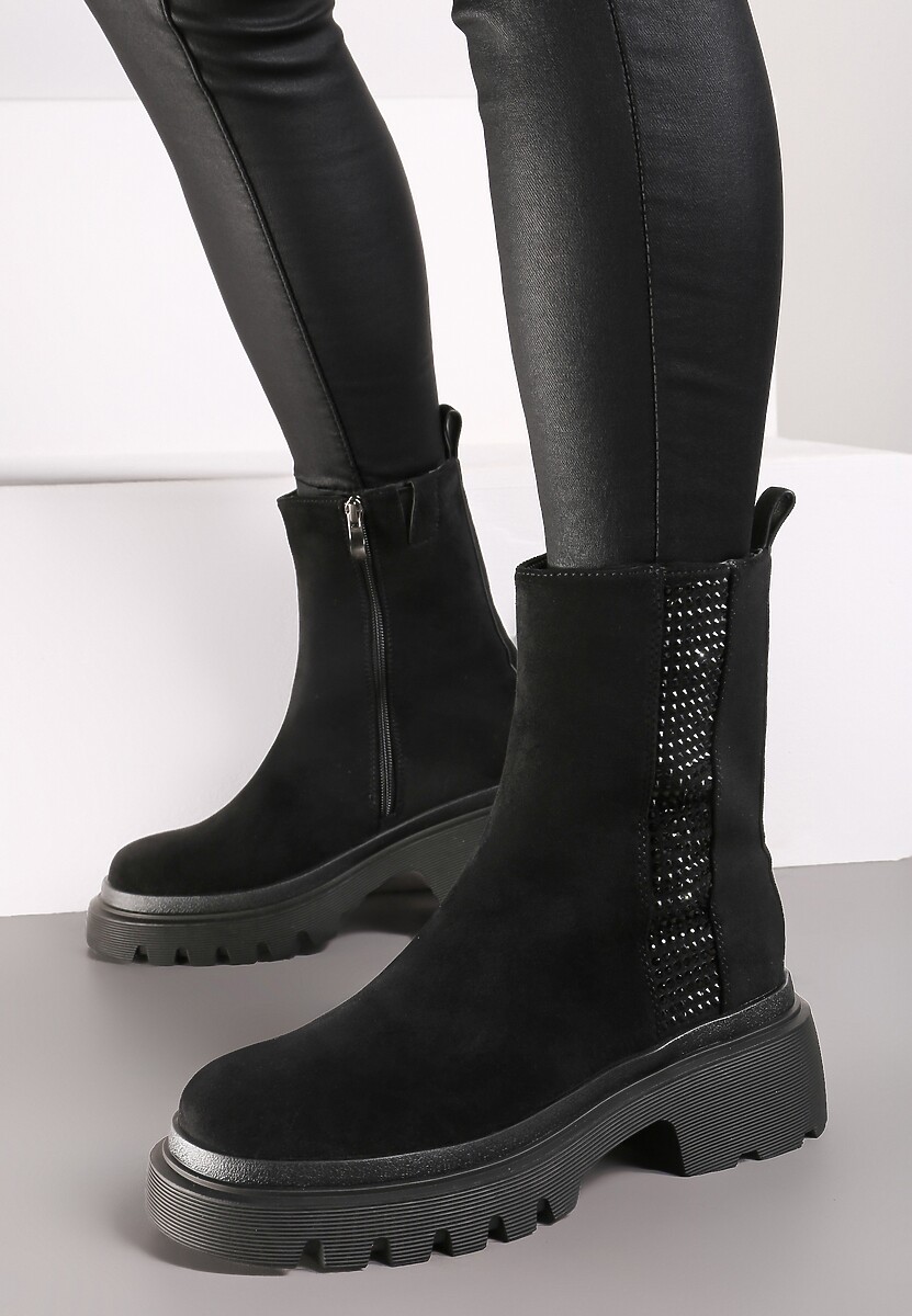 Czarne Botki w Stylu Sztybletów na Platformie z Cyrkoniami Rexindra
