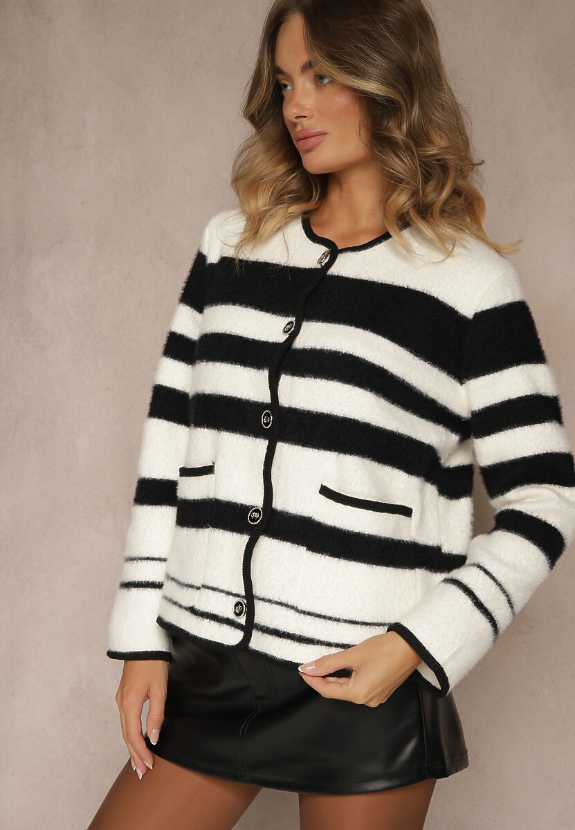 Biało-Czarny Zapinany Kardigan z Wiskozowej Dzianiny w Paski Aiwana