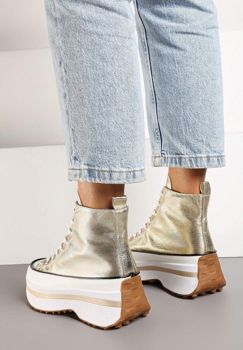 Złote Sznurowane Trampki za Kostkę na Platformie Ealsevia