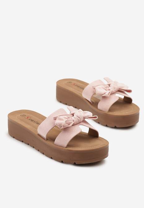 Różowe Klapki na Grubej Podeszwie Ozdobione Kokardą Raviselli