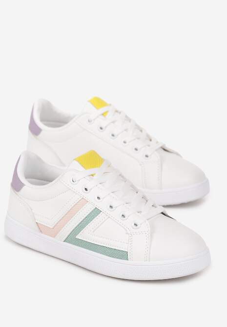 Biało-Miętowe Sznurowane Sneakersy na Płaskiej Podeszwie z Kolorowymi Wstawkami Karera