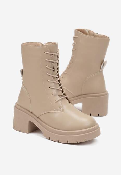 Beżowe Sznurowane Botki z Imitacji Skóry na Podeszwie z Platformą i Żłobieniami Zaran