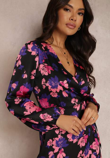 Czarno-Różowa Sukienka Kopertowa w Kwiaty Toxophile