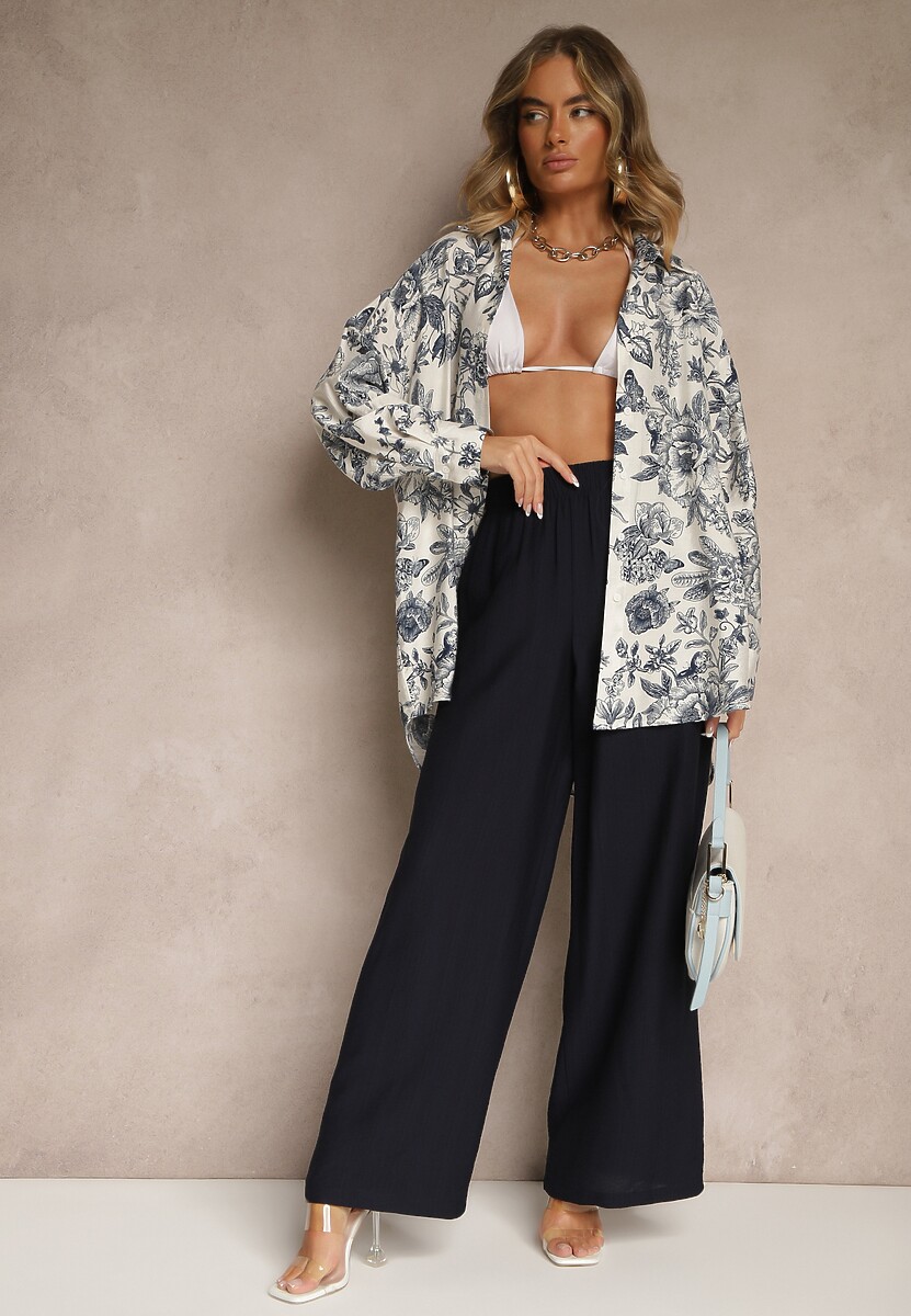 Granatowy Komplet z Wiskozy Koszula w Kwiatowy Wzór i Szerokie Spodnie Hanelorin