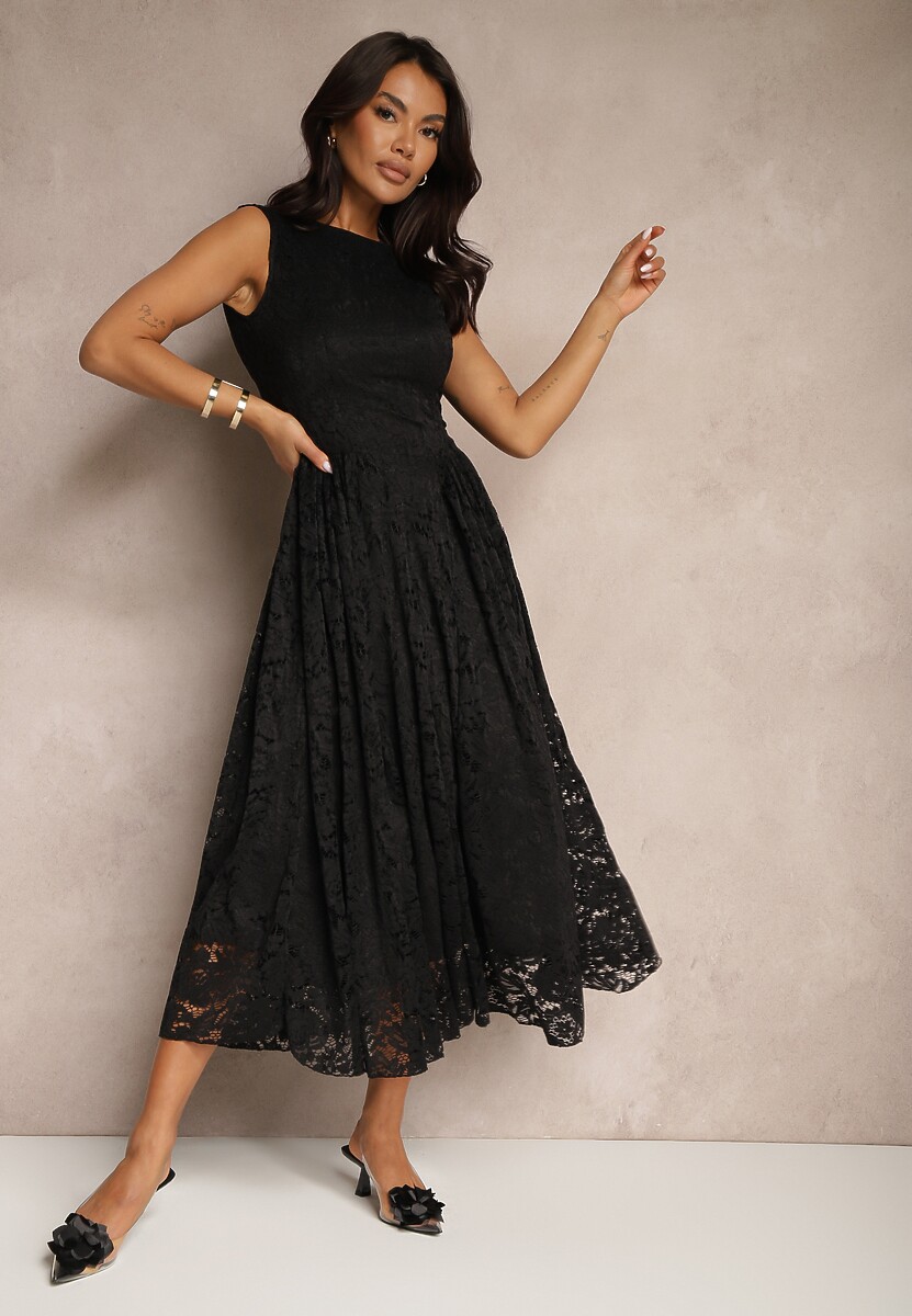 Czarna Rozkloszowana Sukienka z Koronki z Wycięciem na Plecach Meltewia