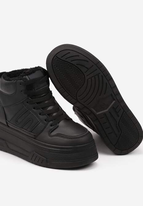 Czarne Sneakersy na Platformie Mocno Ocieplane Futerkiem Lealwen