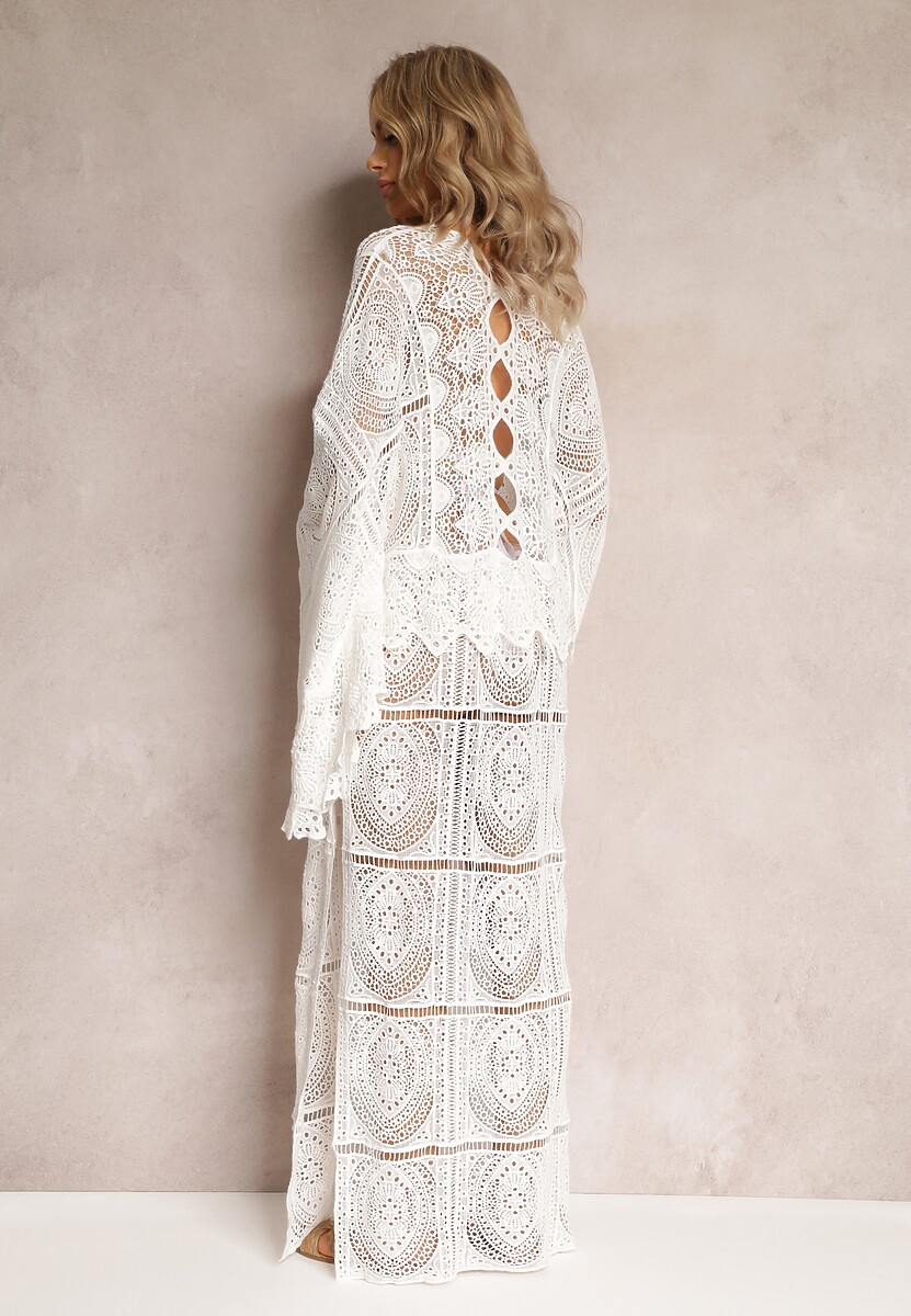 Biała Szydełkowa Sukienka Maxi z Wycięciami i Wiązaniem Upenna