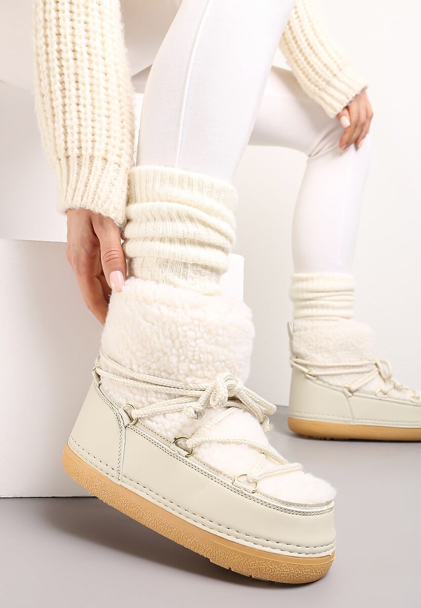 Beżowe Śniegowce z Futerkiem i Wiązaniem Eorlia