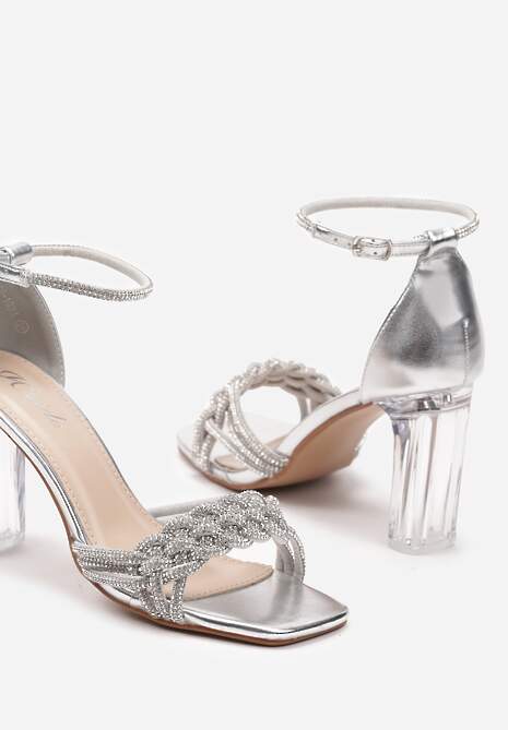 Srebrne Sandały z Ekoskóry na Transparentnym Słupku Zdobione Cyrkoniami ze Sprzączką Lotesa