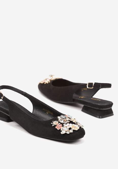 Czarne Czółenka Slingback Vices z Cyrkoniami i Wkładką ze Skóry Eklina
