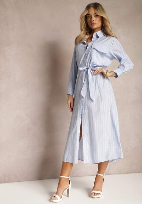 Niebieska Sukienka w Paski w Koszulowym Stylu z Paskiem i Długim Rękawem Desperse