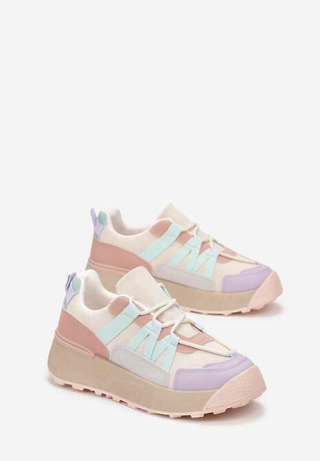 Beżowo-Fioletowe Sznurowane Płaskie Sneakersy z Kolorowymi Wstawkami z Ekoskóry Wonise