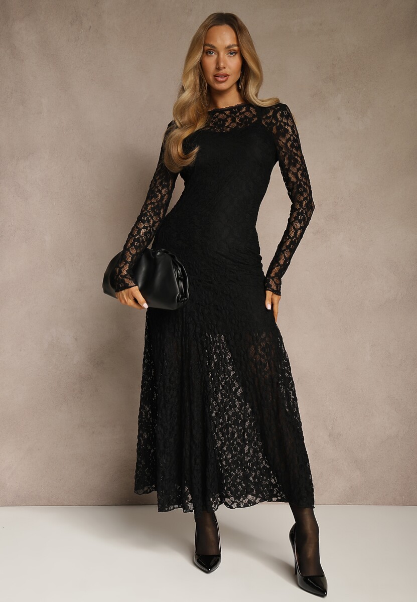 Czarna Elegancka Sukienka z Koronki z Odkrytymi Plecami Lilafera