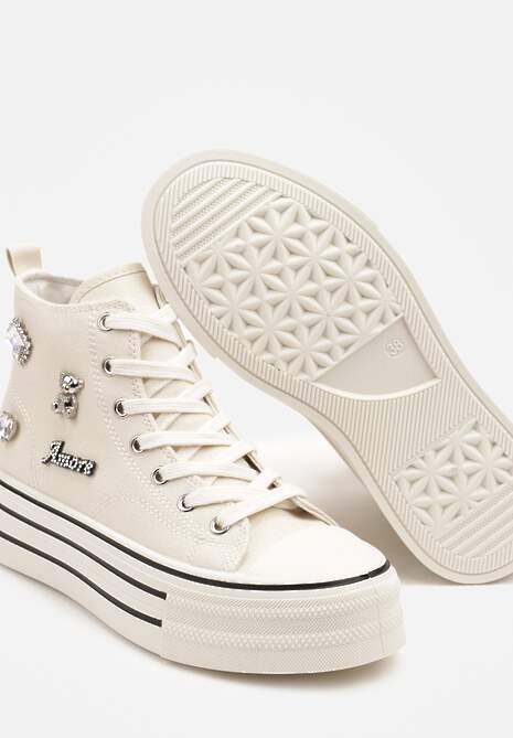 Beżowe Trampki na Platformie Ozdobione Metalicznymi Aplikacjami Jalzedis