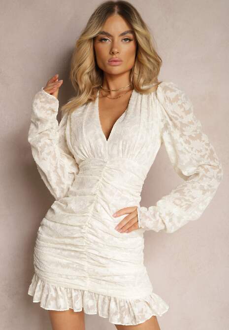 Beżowa Dopasowana Sukienka Mini z Drapowaniem i Wzorem na Siateczce Welisia