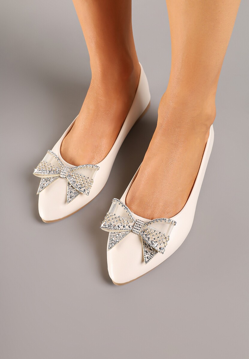 Beżowe Balerinki z Kokardą i Cyrkoniami Marintis